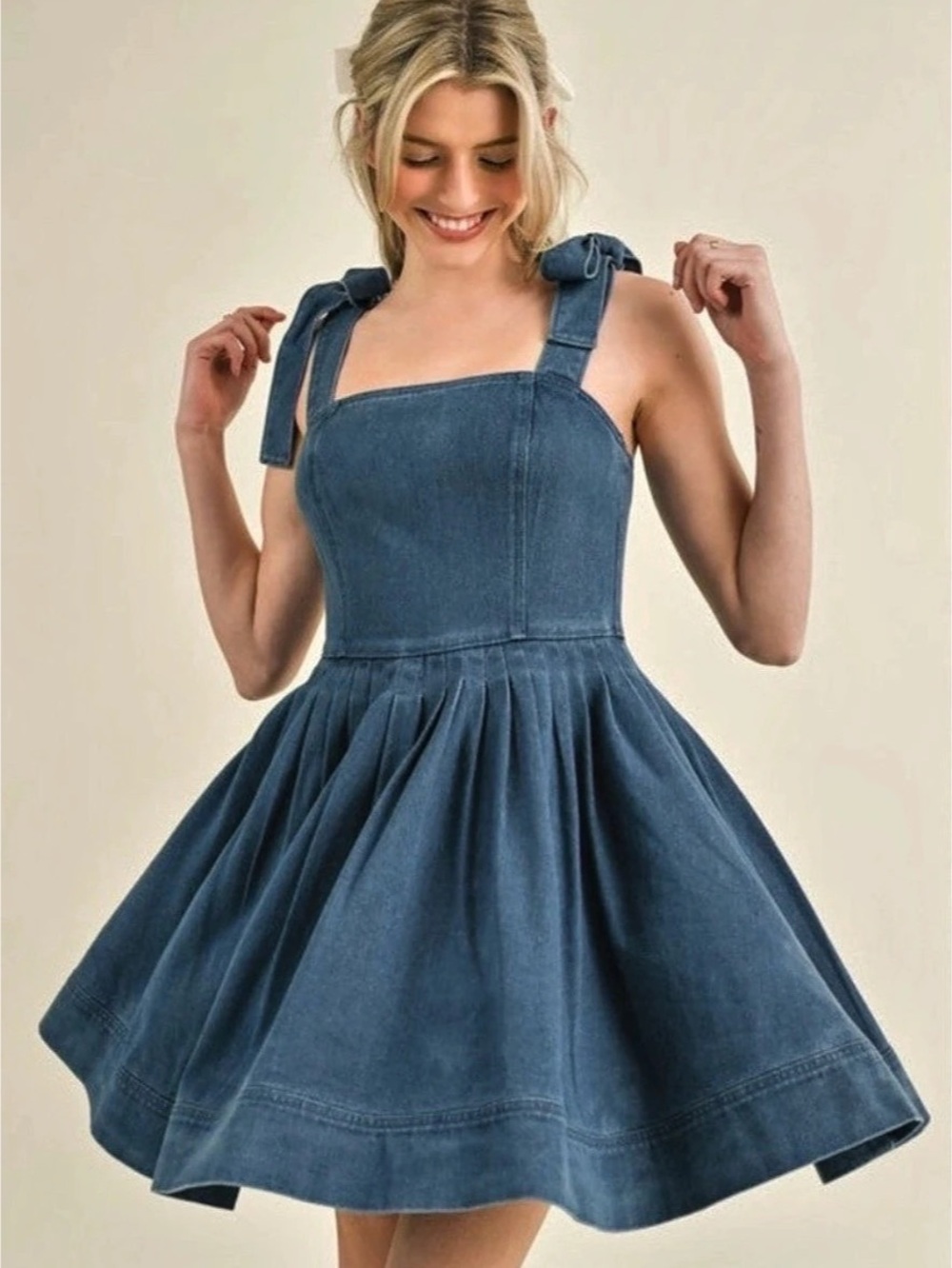 Storia Denim Mini Dress with Tie Shoulders